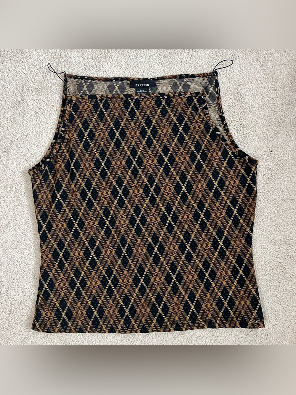 Express Vintage Y2K Black and Brown Argyle Plaid Boat Neck Tank Top